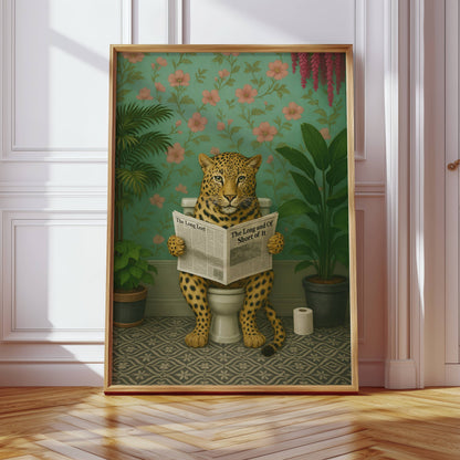 Leopard Reading a Newspaper on the Toilet