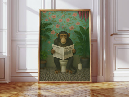 Chimp Reading a Newspaper on the Toilet