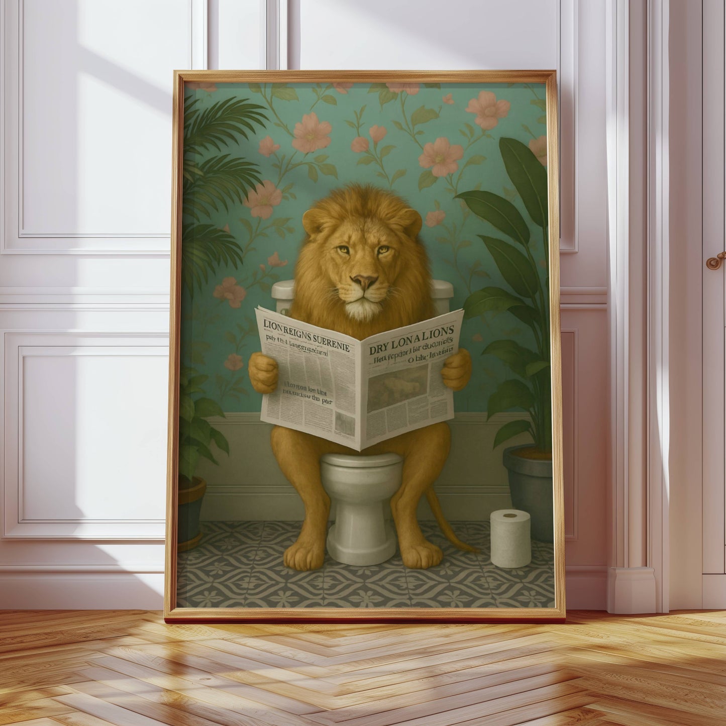 Lion Reading a Newspaper on the Toilet