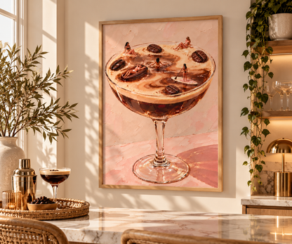 A framed art print depicting a cocktail in a coupe glass, displayed on a warm beige wall in a beautifully styled bar or kitchen setting with marble countertops, plants, and warm lighting.
