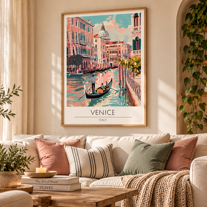Colourful Venice gondola travel poster displayed in a bright neutral living room with natural oak furnishings