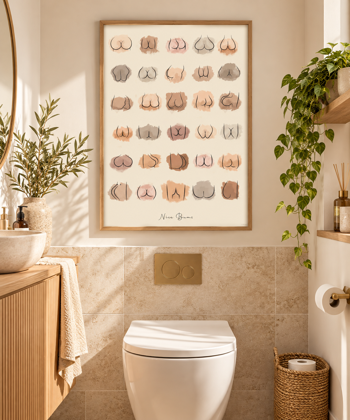 Funny Nice Bums toilet wall art featuring minimalist bum line drawings styled in a contemporary downstairs loo