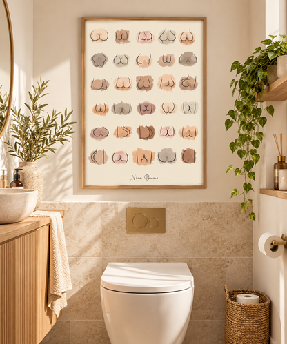 Funny Nice Bums toilet wall art featuring minimalist bum line drawings styled in a contemporary downstairs loo