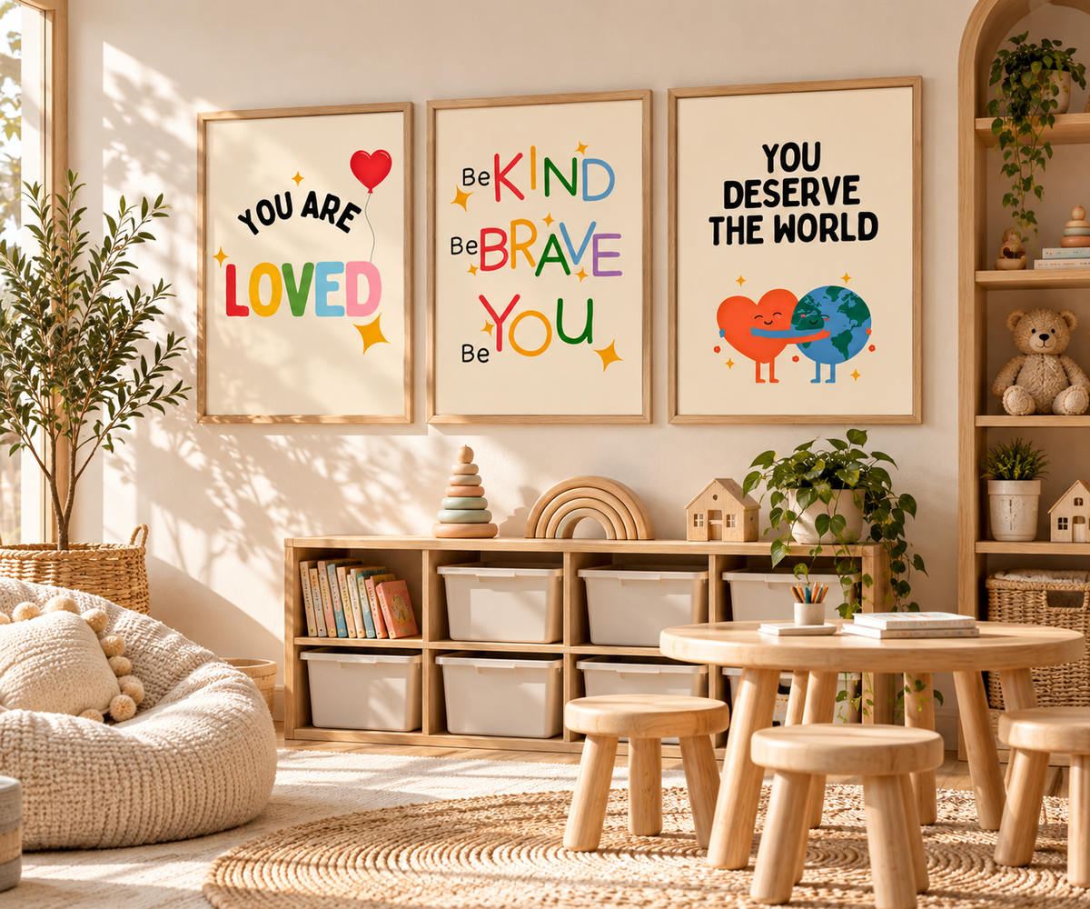 Three framed children's motivational wall art prints hang on a beige wall in a styled nursery or playroom. The left print says 'YOU ARE LOVED' with a red heart, the center says 'Be KIND Be BRAVE Be YOU' in colorful letters, and the right says 'YOU DESERVE THE WORLD' above a heart and globe illustration.