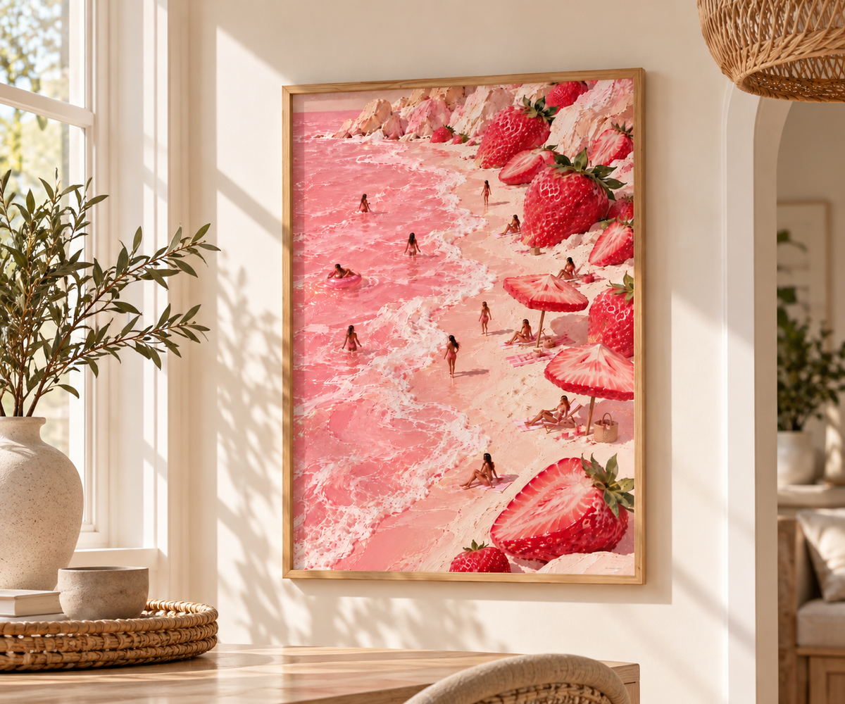 A framed art print depicting a whimsical pink beach scene with strawberries and beachgoers, styled on a warm beige wall in a sunlit room.