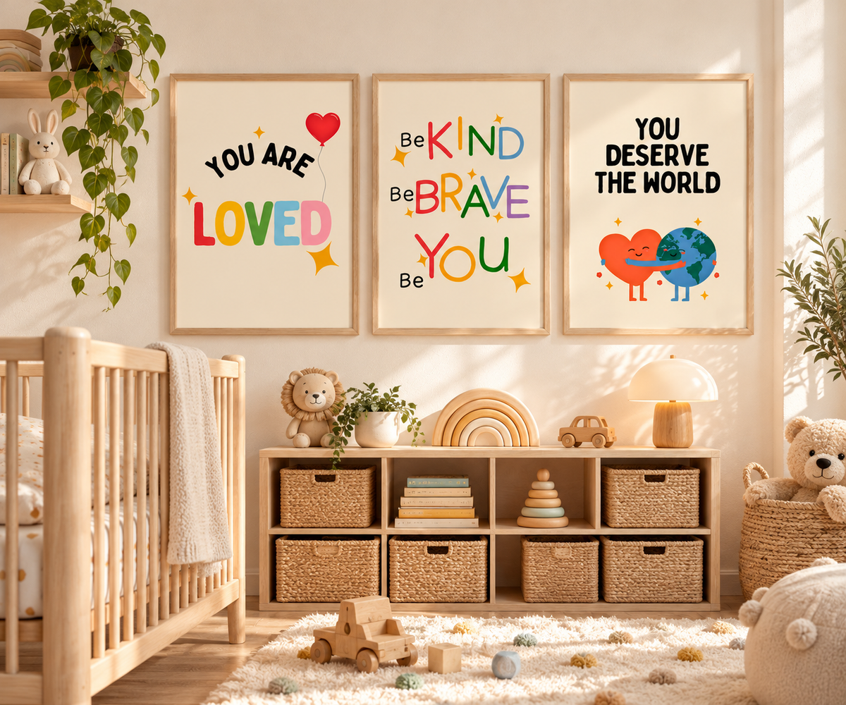 Three framed children's motivational wall art prints displayed in a beautifully styled nursery. The prints feature colorful text and illustrations: 'YOU ARE LOVED', 'Be KIND Be BRAVE Be YOU Be YOU', and 'YOU DESERVE THE WORLD'.