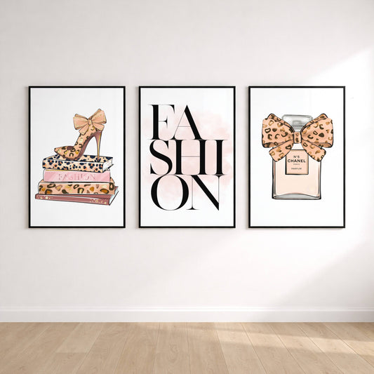 Set of 3 Pink Leopard Bows / Stilettos Wall Art