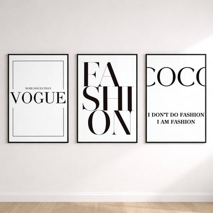 Three fashion-themed posters on a white wall.