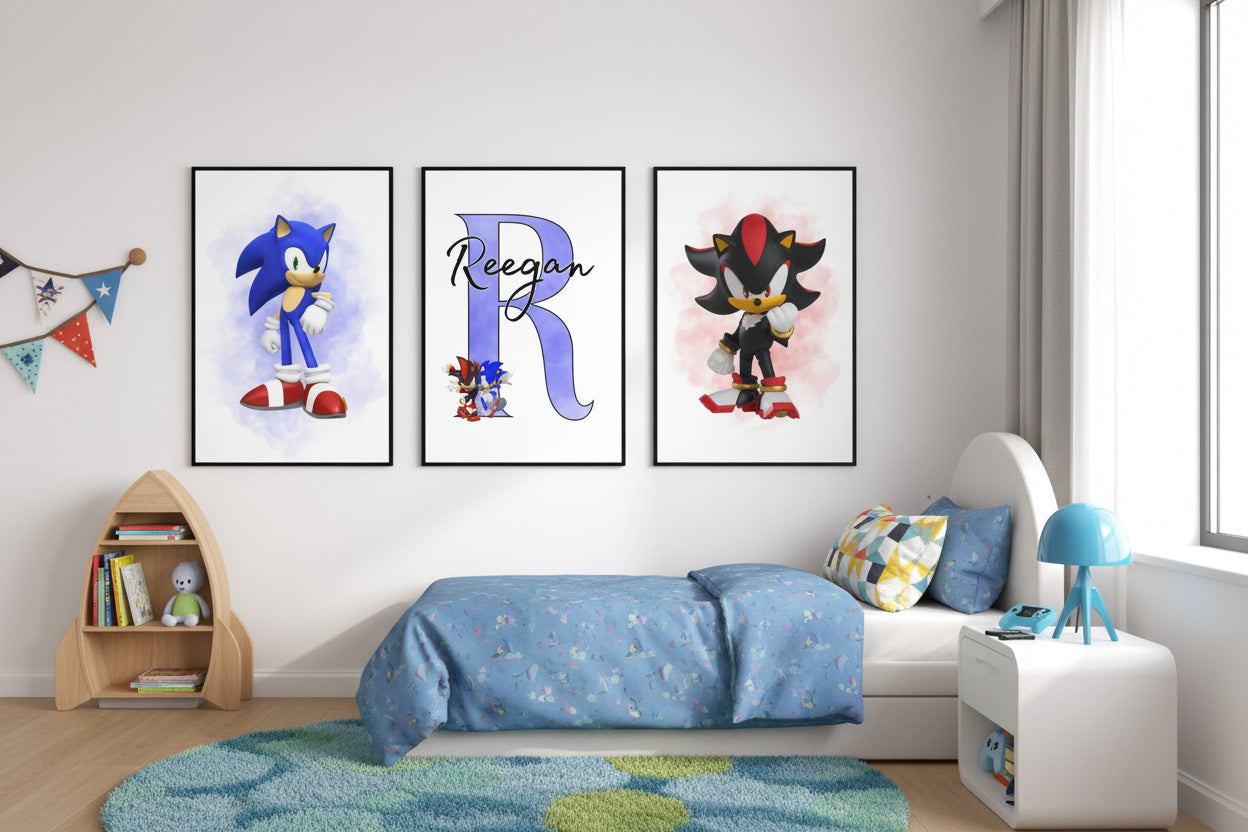 Set of 3 Personalised Sonic and Shadow Prints