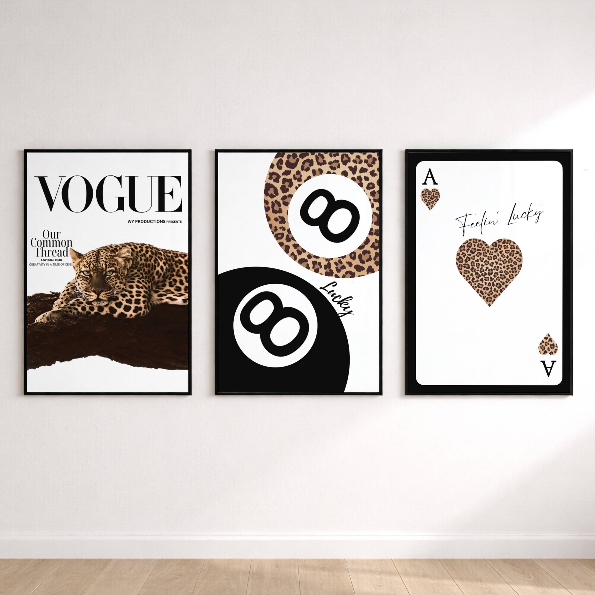 Set of three luxury leopard wall art prints featuring Vogue typography, lucky number eight and ace playing card artwork.