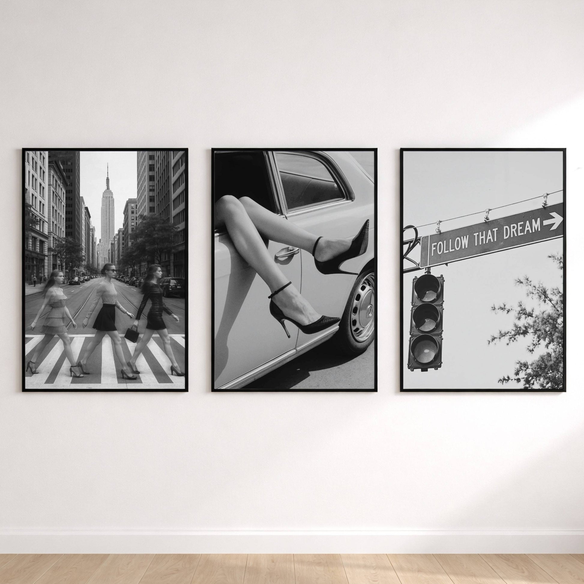 Luxury black and white fashion wall art set of three featuring city street photography, vintage car fashion print and inspirational Follow That Dream sign.