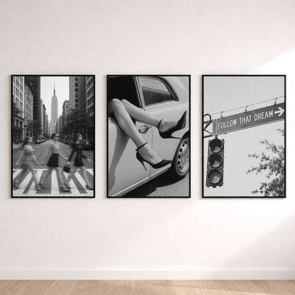 Luxury black and white fashion wall art set of three featuring city street photography, vintage car fashion print and inspirational Follow That Dream sign.