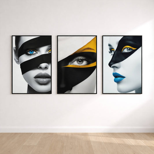 Modern Fashion Wall Art Set of 3 Prints | Luxe Monochrome Abstract Face Artwork