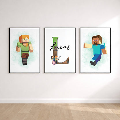 Personalised Minecraft Name Print Set of 3 | Gaming Bedroom Wall Art