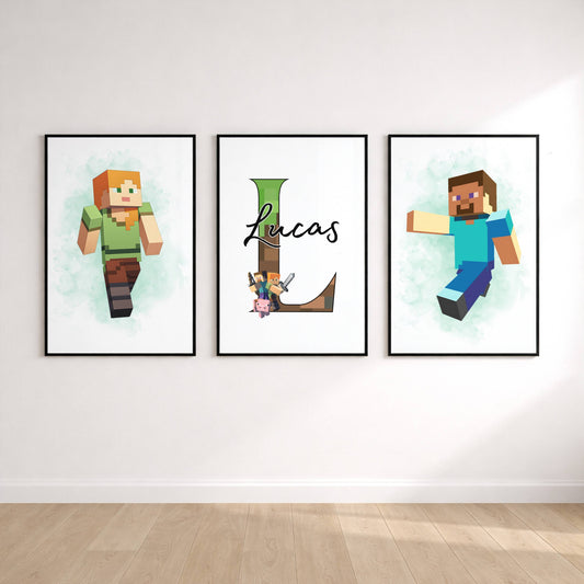 Personalised Minecraft Name Print Set of 3 | Gaming Bedroom Wall Art