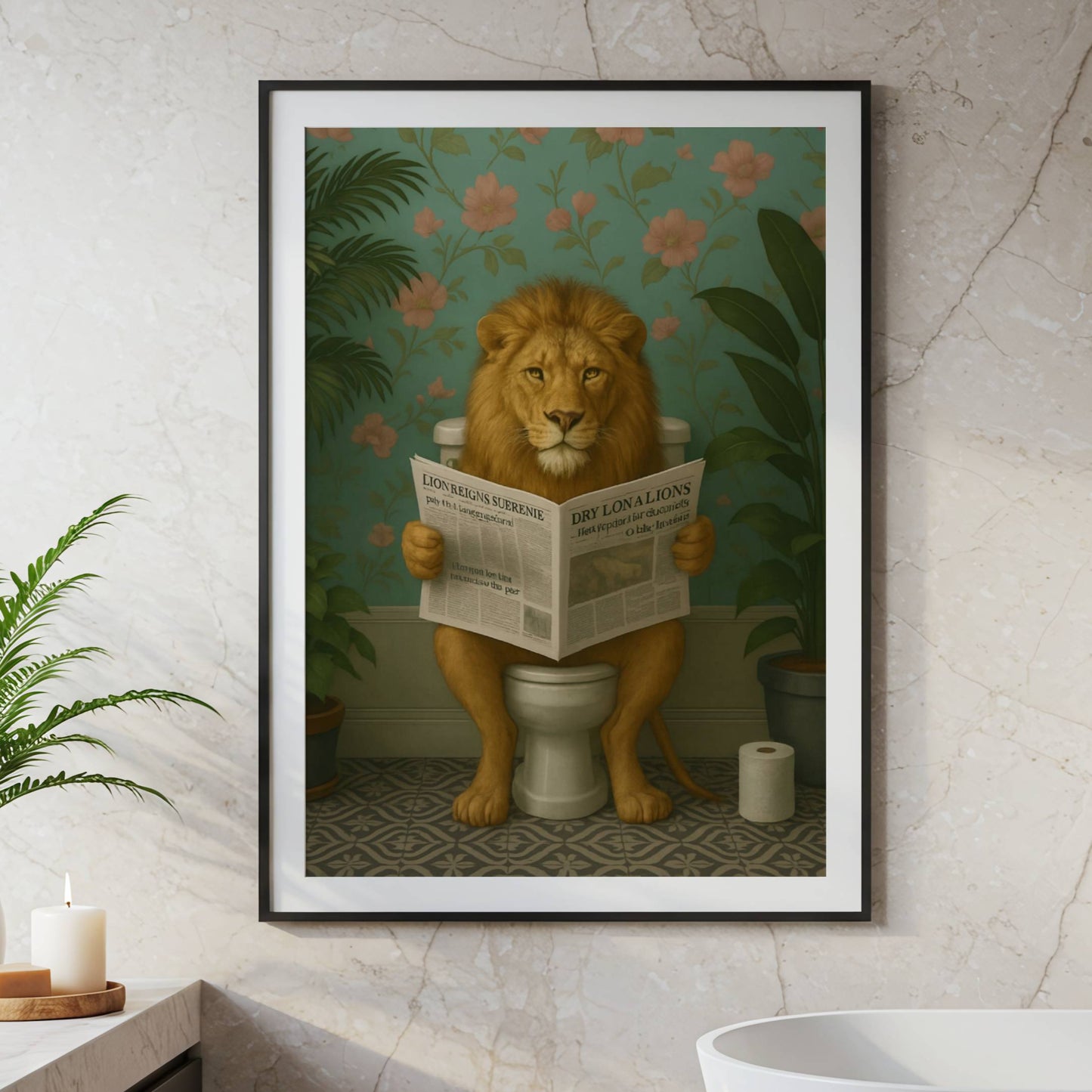 Lion Reading a Newspaper on the Toilet