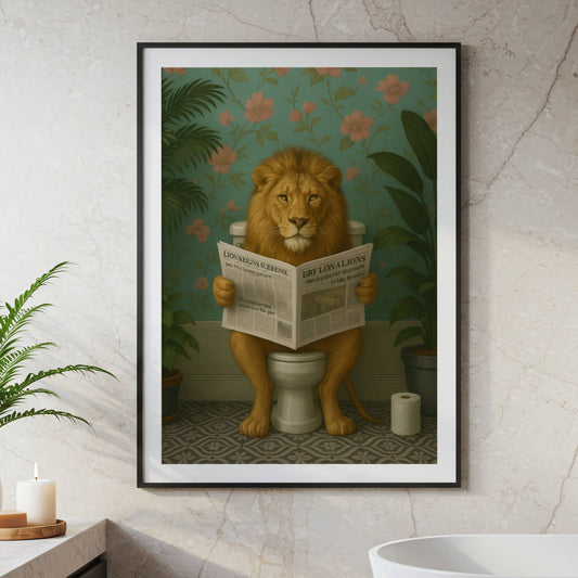 Lion Reading a Newspaper on the Toilet