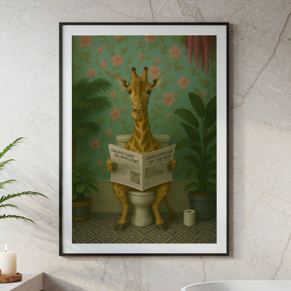 Giraffe Reading a Newspaper on the Toilet