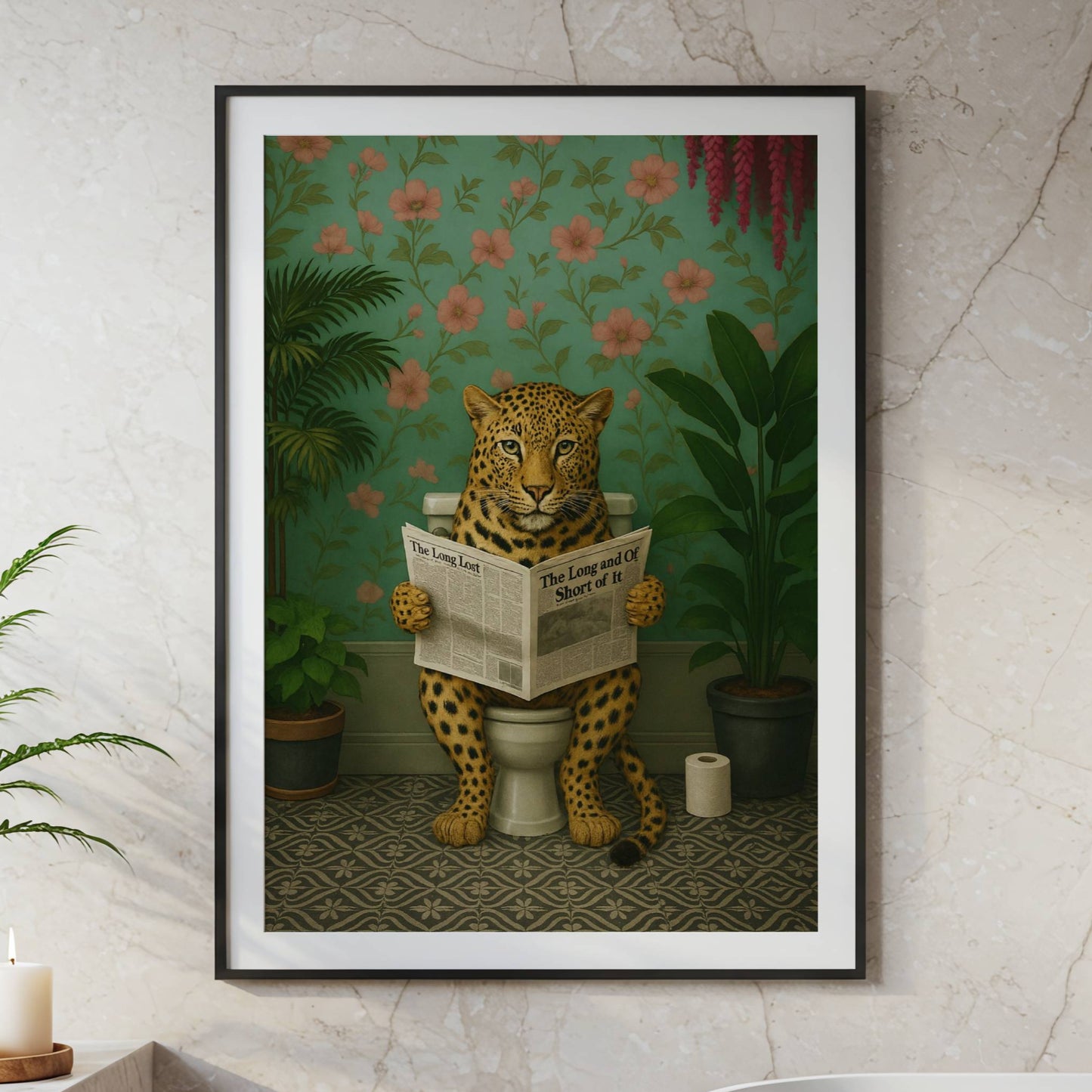 Leopard Reading a Newspaper on the Toilet