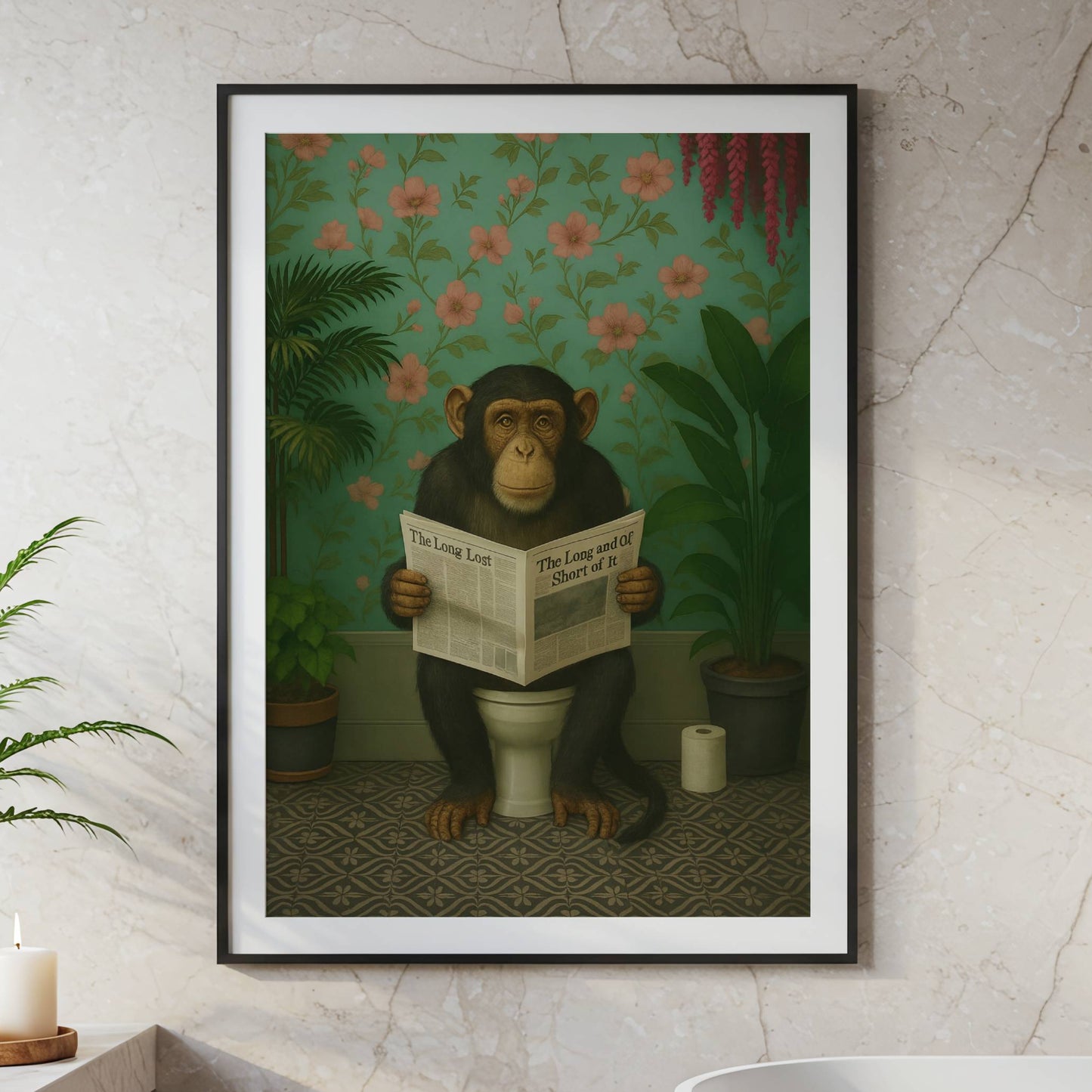 Chimp Reading a Newspaper on the Toilet
