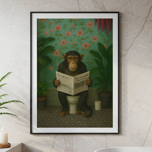 Chimp Reading a Newspaper on the Toilet