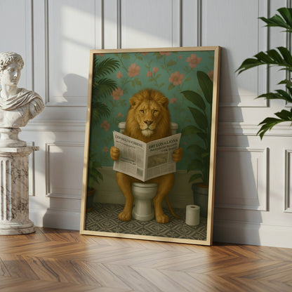 Lion Reading a Newspaper on the Toilet