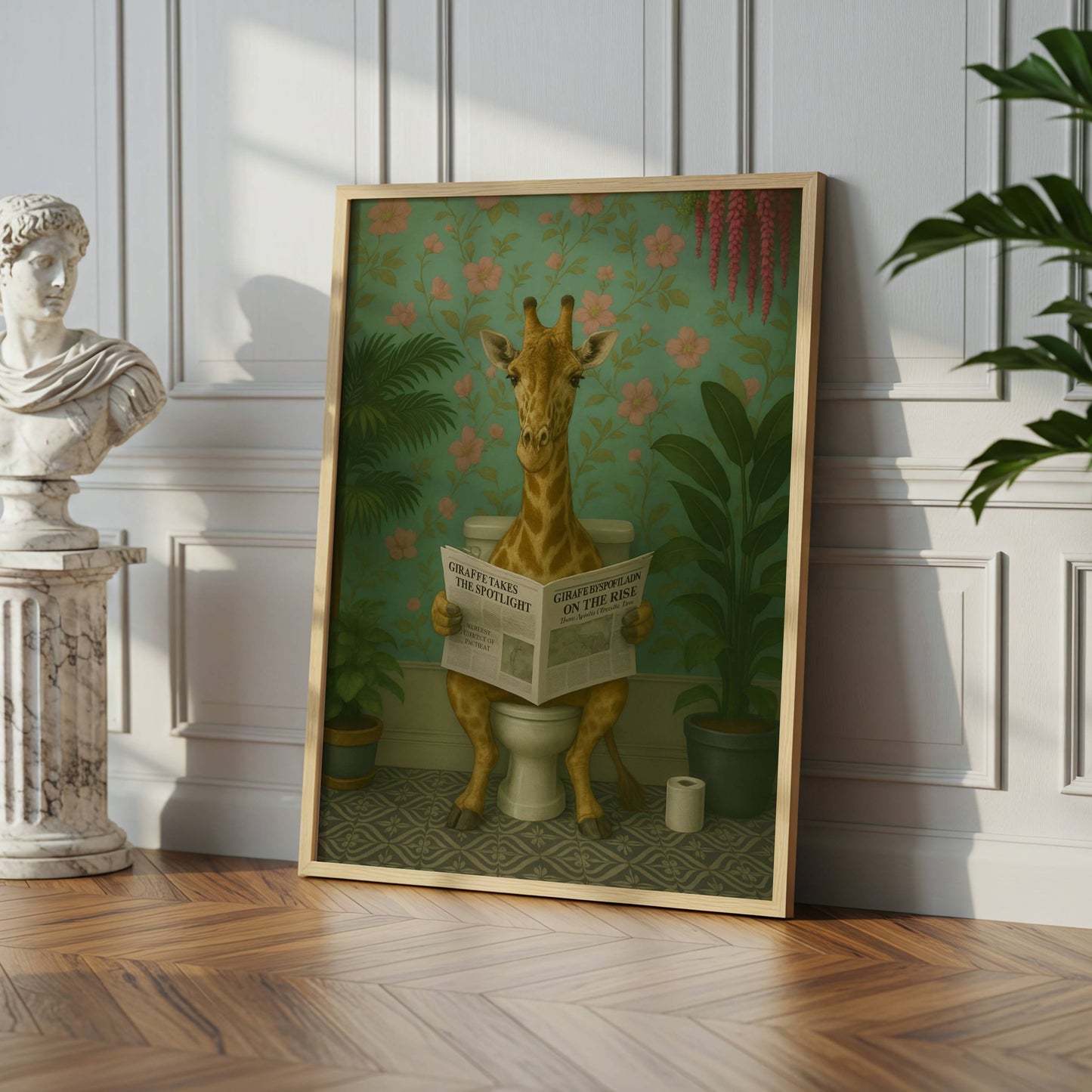 Giraffe Reading a Newspaper on the Toilet