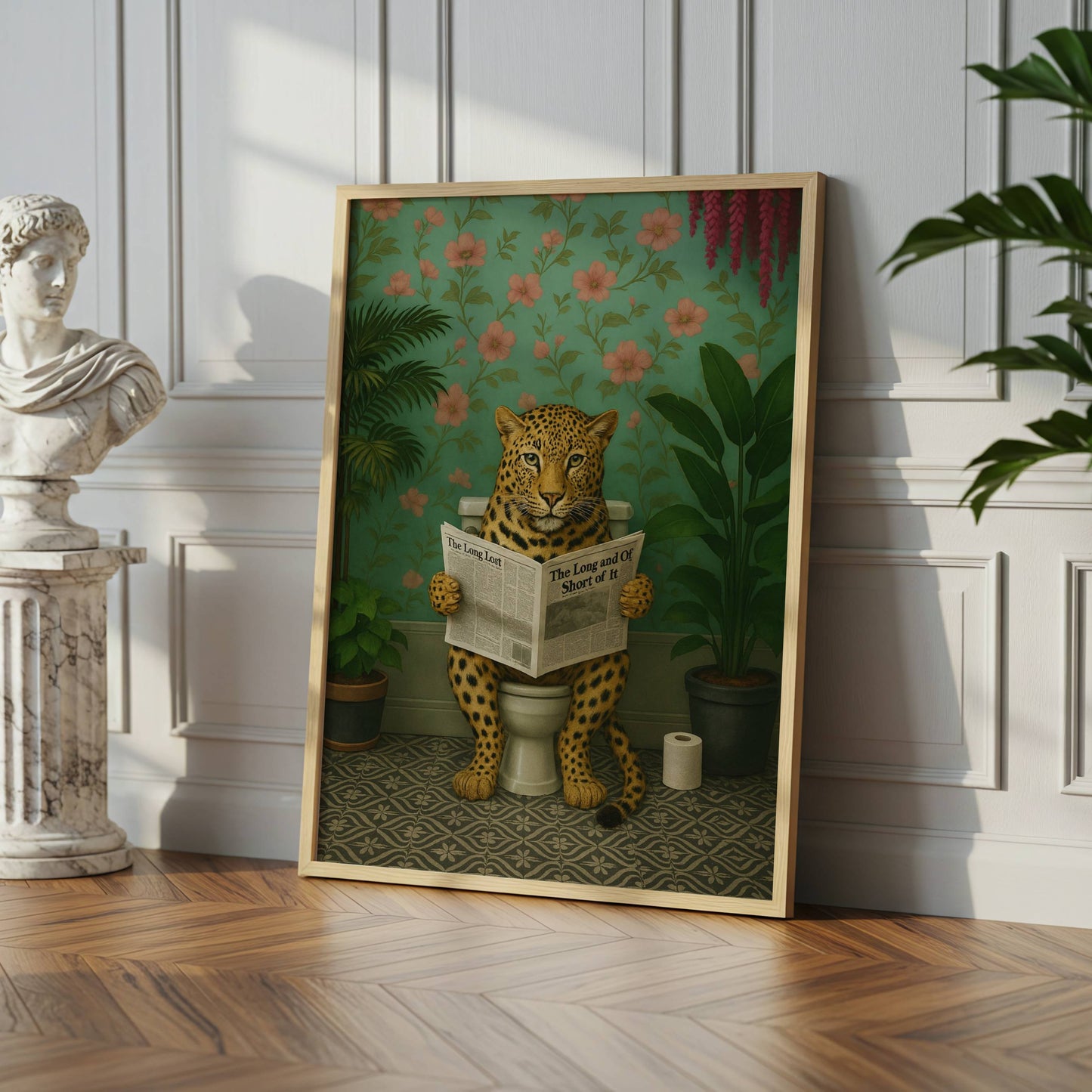 Leopard Reading a Newspaper on the Toilet