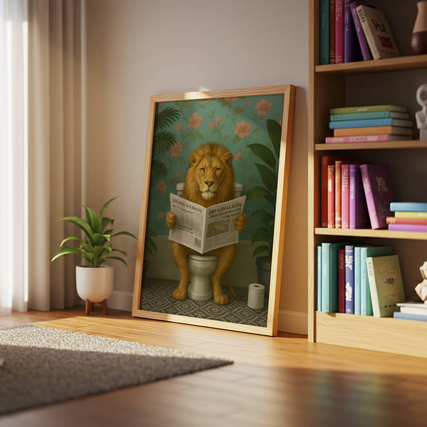 Lion Reading a Newspaper on the Toilet