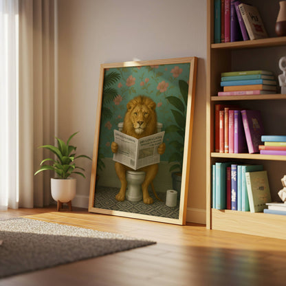Lion Reading a Newspaper on the Toilet