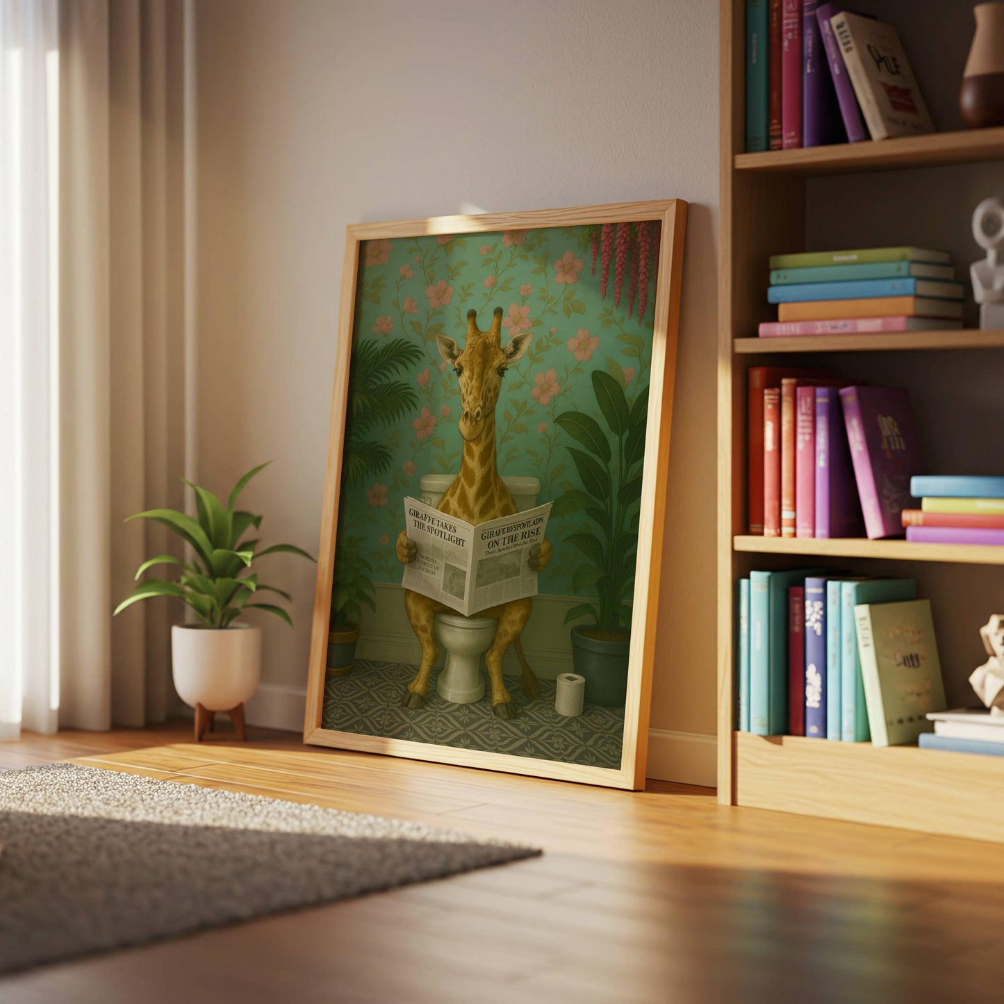 Giraffe Reading a Newspaper on the Toilet