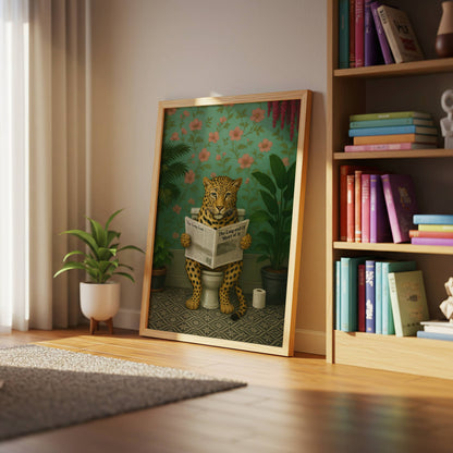 Leopard Reading a Newspaper on the Toilet